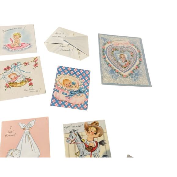 VTG Welcome New Baby Card Announcement Greeting Stork Boy Girl Just Arrived USED - Picture 4 of 7